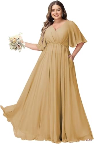 JAEDEN Große Größen Abendkleid mit Taschen Damen Lang Brautjungfernkleid V Ausschnitt Hochzeitsgast Kleid Gold 58 von JAEDEN
