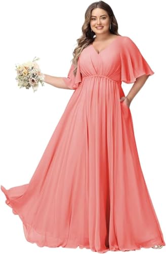 JAEDEN Große Größen Abendkleid mit Taschen Damen Lang Brautjungfernkleid V Ausschnitt Hochzeitsgast Kleid Hell Koralle 52 von JAEDEN