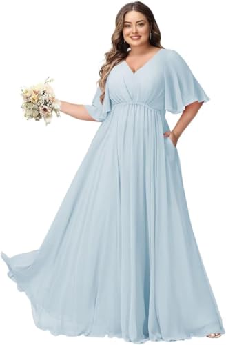 JAEDEN Große Größen Abendkleid mit Taschen Damen Lang Brautjungfernkleid V Ausschnitt Hochzeitsgast Kleid Hellblau 58 von JAEDEN