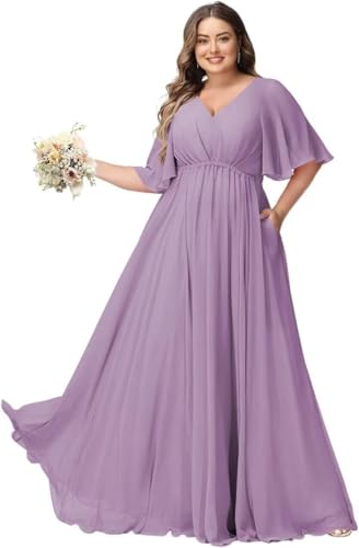 JAEDEN Große Größen Abendkleid mit Taschen Damen Lang Brautjungfernkleid V Ausschnitt Hochzeitsgast Kleid Helles Lila 52 von JAEDEN