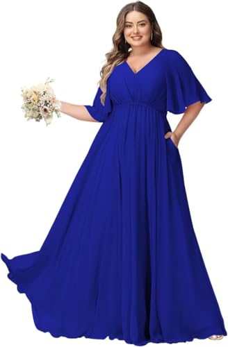 JAEDEN Große Größen Abendkleid mit Taschen Damen Lang Brautjungfernkleid V Ausschnitt Hochzeitsgast Kleid Königsblau 54 von JAEDEN
