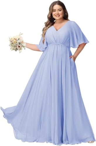 JAEDEN Große Größen Abendkleid mit Taschen Damen Lang Brautjungfernkleid V Ausschnitt Hochzeitsgast Kleid Lavendel 52 von JAEDEN