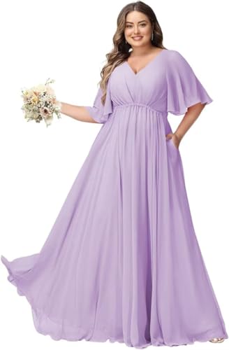 JAEDEN Große Größen Abendkleid mit Taschen Damen Lang Brautjungfernkleid V Ausschnitt Hochzeitsgast Kleid Lila 50 von JAEDEN