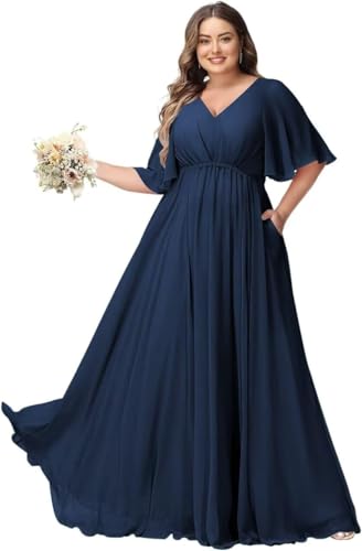JAEDEN Große Größen Abendkleid mit Taschen Damen Lang Brautjungfernkleid V Ausschnitt Hochzeitsgast Kleid Marineblau 52 von JAEDEN