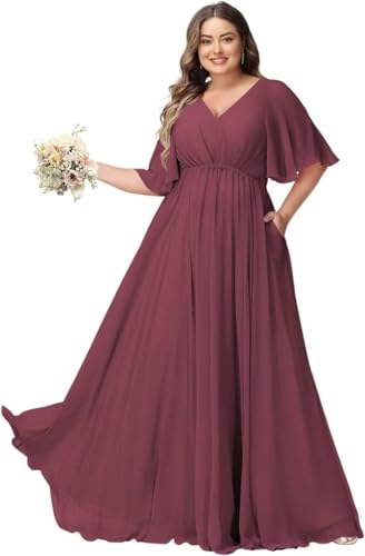 JAEDEN Große Größen Abendkleid mit Taschen Damen Lang Brautjungfernkleid V Ausschnitt Hochzeitsgast Kleid Maulbeere 48 von JAEDEN