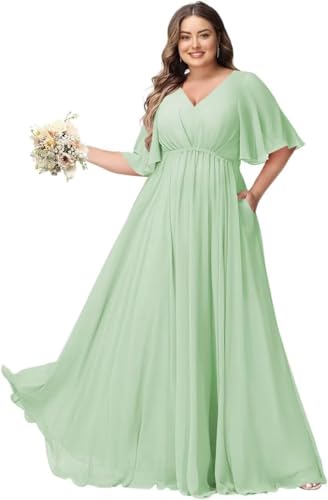 JAEDEN Große Größen Abendkleid mit Taschen Damen Lang Brautjungfernkleid V Ausschnitt Hochzeitsgast Kleid Mintgrün 50 von JAEDEN
