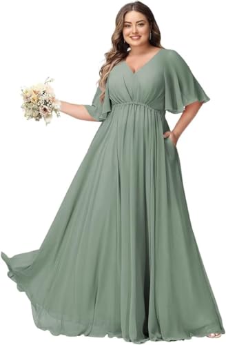 JAEDEN Große Größen Abendkleid mit Taschen Damen Lang Brautjungfernkleid V Ausschnitt Hochzeitsgast Kleid Pastellgrün 50 von JAEDEN