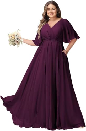 JAEDEN Große Größen Abendkleid mit Taschen Damen Lang Brautjungfernkleid V Ausschnitt Hochzeitsgast Kleid Plum 56 von JAEDEN