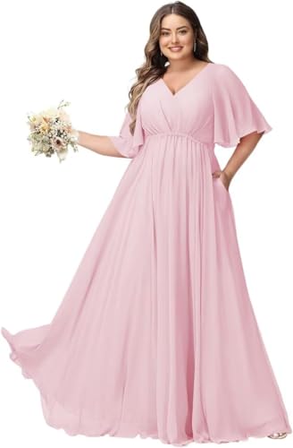 JAEDEN Große Größen Abendkleid mit Taschen Damen Lang Brautjungfernkleid V Ausschnitt Hochzeitsgast Kleid Rosa 56 von JAEDEN