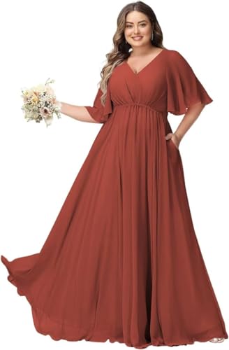 JAEDEN Große Größen Abendkleid mit Taschen Damen Lang Brautjungfernkleid V Ausschnitt Hochzeitsgast Kleid Rost 56 von JAEDEN