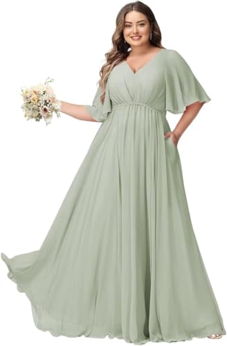 JAEDEN Große Größen Abendkleid mit Taschen Damen Lang Brautjungfernkleid V Ausschnitt Hochzeitsgast Kleid Salbeigrün 44 von JAEDEN