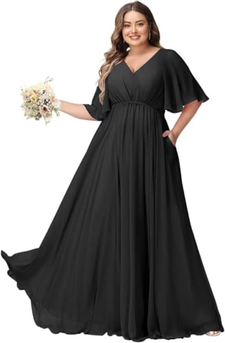 JAEDEN Große Größen Abendkleid mit Taschen Damen Lang Brautjungfernkleid V Ausschnitt Hochzeitsgast Kleid Schwarz 50 von JAEDEN