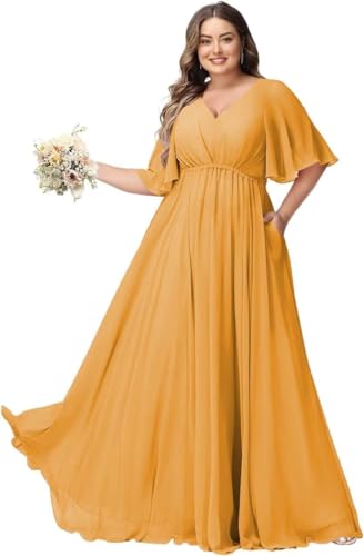 JAEDEN Große Größen Abendkleid mit Taschen Damen Lang Brautjungfernkleid V Ausschnitt Hochzeitsgast Kleid Senfgelb 50 von JAEDEN