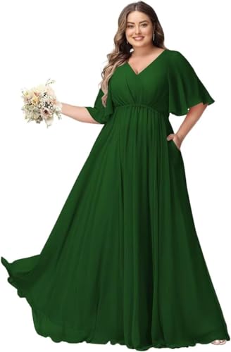 JAEDEN Große Größen Abendkleid mit Taschen Damen Lang Brautjungfernkleid V Ausschnitt Hochzeitsgast Kleid Smaragdgrün 50 von JAEDEN
