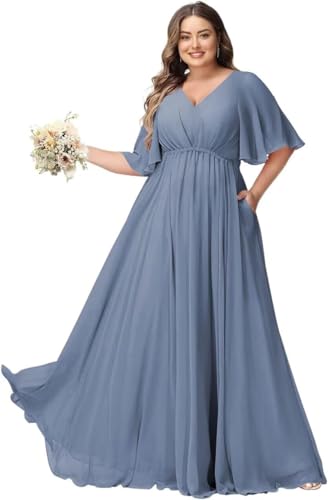 JAEDEN Große Größen Abendkleid mit Taschen Damen Lang Brautjungfernkleid V Ausschnitt Hochzeitsgast Kleid Stahlblau 50 von JAEDEN