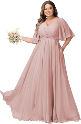 JAEDEN Große Größen Abendkleid mit Taschen Damen Lang Brautjungfernkleid V Ausschnitt Hochzeitsgast Kleid Staubige Rose 52 von JAEDEN