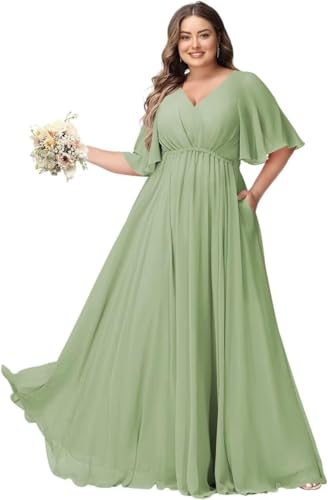 JAEDEN Große Größen Abendkleid mit Taschen Damen Lang Brautjungfernkleid V Ausschnitt Hochzeitsgast Kleid Staubiger Salbei 56 von JAEDEN