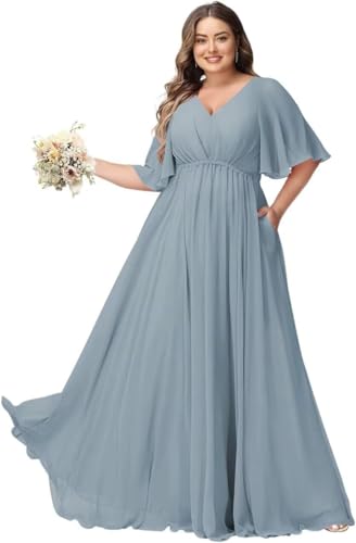 JAEDEN Große Größen Abendkleid mit Taschen Damen Lang Brautjungfernkleid V Ausschnitt Hochzeitsgast Kleid Staubiges Blau 54 von JAEDEN