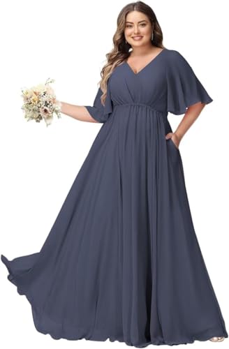 JAEDEN Große Größen Abendkleid mit Taschen Damen Lang Brautjungfernkleid V Ausschnitt Hochzeitsgast Kleid Stürmisches Blau 54 von JAEDEN