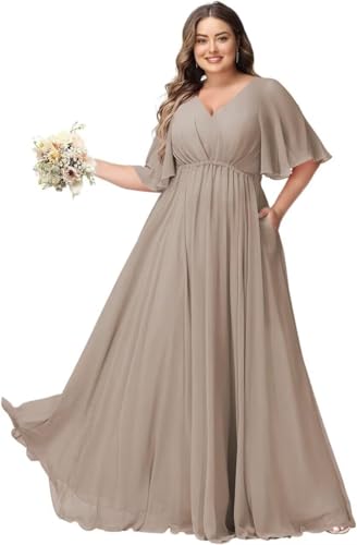 JAEDEN Große Größen Abendkleid mit Taschen Damen Lang Brautjungfernkleid V Ausschnitt Hochzeitsgast Kleid Taupe 56 von JAEDEN