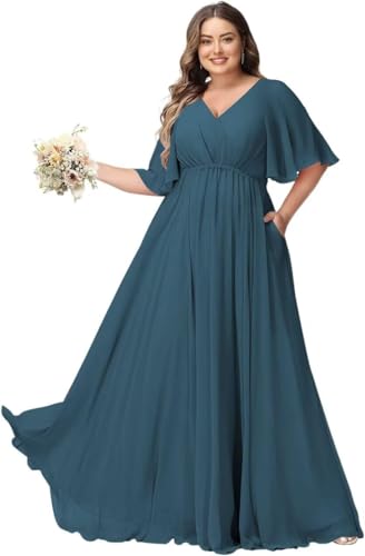 JAEDEN Große Größen Abendkleid mit Taschen Damen Lang Brautjungfernkleid V Ausschnitt Hochzeitsgast Kleid Teal 50 von JAEDEN