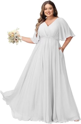 JAEDEN Große Größen Abendkleid mit Taschen Damen Lang Brautjungfernkleid V Ausschnitt Hochzeitsgast Kleid Weiß 52 von JAEDEN