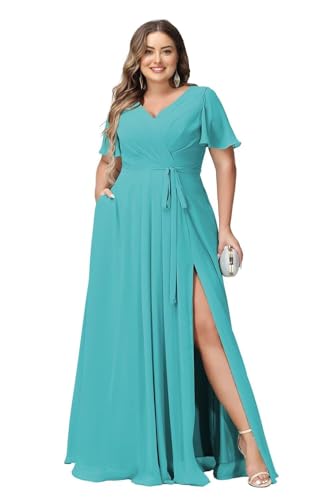 JAEDEN Große Größen Brautjungfernkleider A-Linie Formell Abendkleider Lang Chiffon Festliche Kleider Dunkel Aqua 54 von JAEDEN
