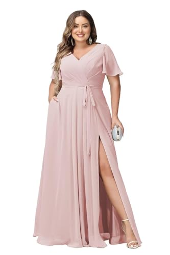 JAEDEN Große Größen Brautjungfernkleider A-Linie Formell Abendkleider Lang Chiffon Festliche Kleider Rosa 44 von JAEDEN