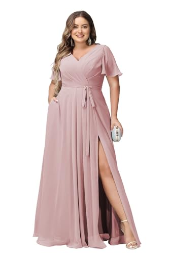 JAEDEN Große Größen Brautjungfernkleider A-Linie Formell Abendkleider Lang Chiffon Festliche Kleider Staubige Rose 50 von JAEDEN