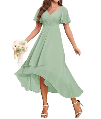 JAEDEN Hochzeitsgast Kleid Damen V Ausschnitt Abendkleider Festlich Chiffon Brautjungfernkleider Knielang Salbeigrün 46 von JAEDEN