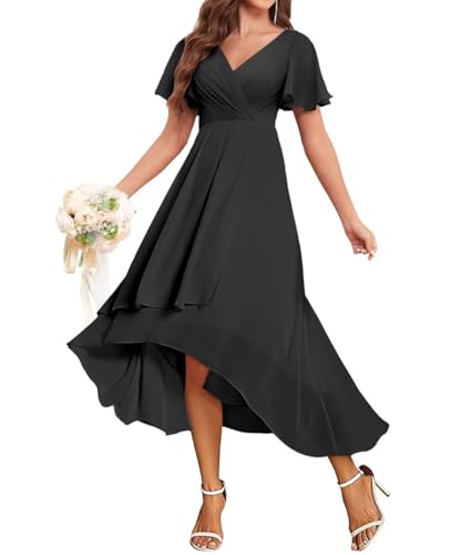 JAEDEN Hochzeitsgast Kleid Damen V Ausschnitt Abendkleider Festlich Chiffon Brautjungfernkleider Knielang Schwarz 50 von JAEDEN