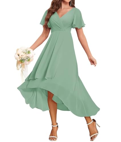 JAEDEN Hochzeitsgast Kleid Damen V Ausschnitt Abendkleider Festlich Chiffon Brautjungfernkleider Knielang Staubiger Salbei 46 von JAEDEN