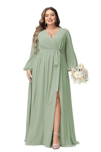 JAEDEN Langarm Abendkleid A-Linie Große Größen Brautjungfernkleid Chiffon Hochzeitsgast Kleid Salbeigrün 54 von JAEDEN