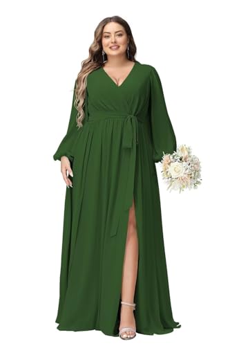 JAEDEN Langarm Abendkleid A-Linie Große Größen Brautjungfernkleid Chiffon Hochzeitsgast Kleid Smaragdgrün 54 von JAEDEN