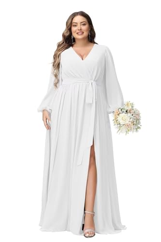 JAEDEN Langarm Abendkleid A-Linie Große Größen Brautjungfernkleid Chiffon Hochzeitsgast Kleid Weiß 54 von JAEDEN