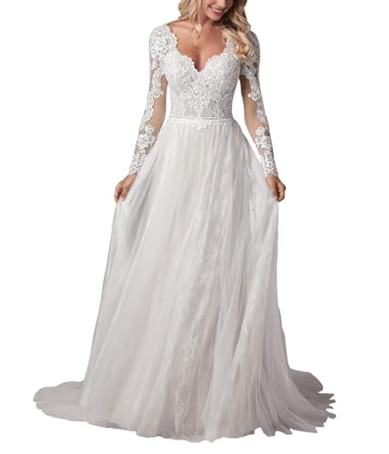 JAEDEN Langarm Boho Brautkleider V-Ausschnitt Hochzeitskleid Spitze Tüll Standesamtkleid A-Linie Brautmode Weiß 34 von JAEDEN