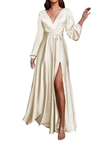 JAEDEN Langarm Brautjungfernkleider Damen Satin Ballkleid V-Ausschnitt A-Linie Formelle Abendkleid mit Schlitz Champagner 42 von JAEDEN