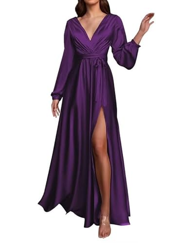 JAEDEN Langarm Brautjungfernkleider Damen Satin Ballkleid V-Ausschnitt A-Linie Formelle Abendkleid mit Schlitz Plum 56 von JAEDEN