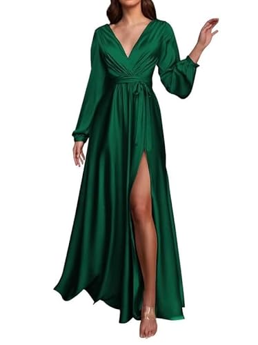 JAEDEN Langarm Brautjungfernkleider Damen Satin Ballkleid V-Ausschnitt A-Linie Formelle Abendkleid mit Schlitz Smaragdgrün 48 von JAEDEN
