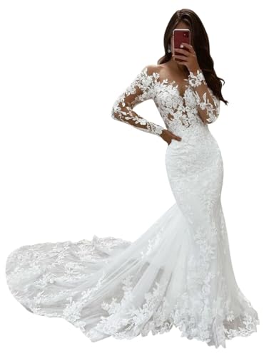 JAEDEN Langarm Meerjungfrau Brautkleid Standesamt Hochzeitskleider Spitze Tüll Brautkleider mit Schleppe Weiß 46 von JAEDEN
