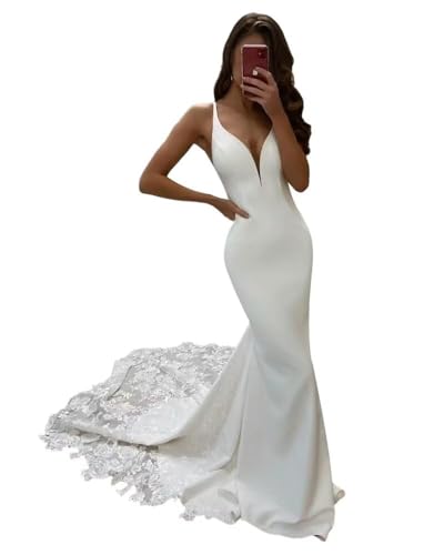 JAEDEN Meerjungfrau Brautkleid V-Ausschnitt Spitze Spaghettiträger Hochzeitskleider Rückenfrei Trauung Kleider Elfenbein 38 von JAEDEN