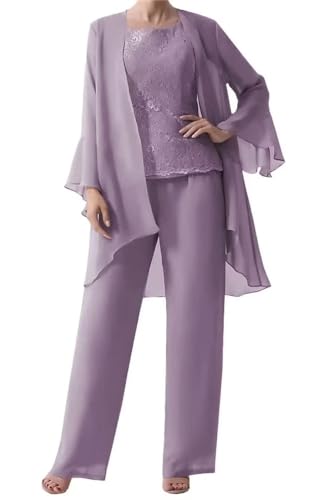 JAEDEN Mutter der Braut Abendanzug Sets Chiffon Brautmutterkleid mit Jacke Lang Festlich Hosenanzüge Staubiges Wisteria 44 von JAEDEN