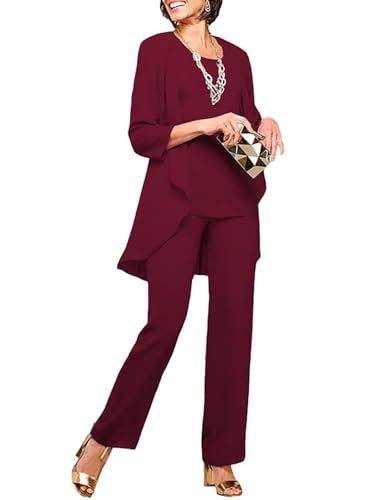 JAEDEN Mutter der Braut Hosenanzug - 3 Teilig Chiffon Hosenanzüge für Damen Formell Festliche Abendanzug Burgund 52 von JAEDEN