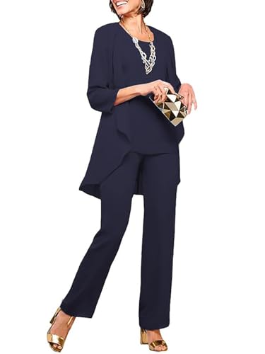 JAEDEN Mutter der Braut Hosenanzug 3 Teilig Chiffon Hosenanzüge für Damen Formell Festliche Abendanzug Dunkle Marine 42 von JAEDEN