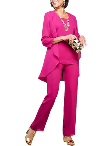 JAEDEN Mutter der Braut Hosenanzug 3 Teilig Chiffon Hosenanzüge für Damen Formell Festliche Abendanzug Fuchsie 40 von JAEDEN