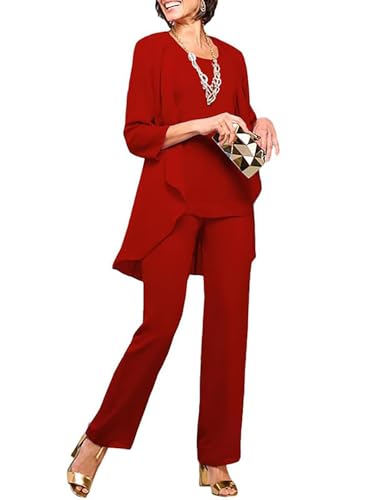 JAEDEN Mutter der Braut Hosenanzug 3 Teilig Chiffon Hosenanzüge für Damen Formell Festliche Abendanzug Rot 46 von JAEDEN