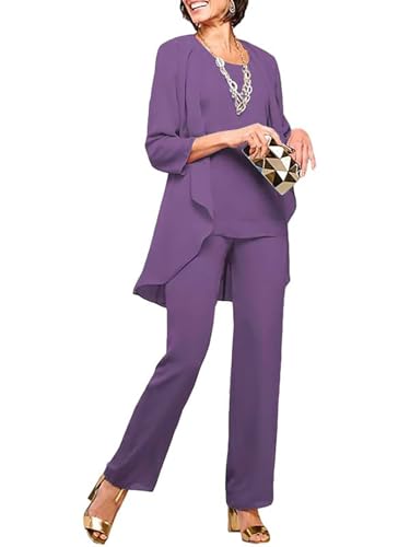 JAEDEN Mutter der Braut Hosenanzug 3 Teilig Chiffon Hosenanzüge für Damen Formell Festliche Abendanzug Staubiges Lila 44 von JAEDEN