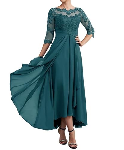 JAEDEN Mutter der Braut Kleider Wadenlang Spitze Hochzeitsgast Kleider 3/4 Ärmel Brautmutter Festkleid Pfau 48 von JAEDEN