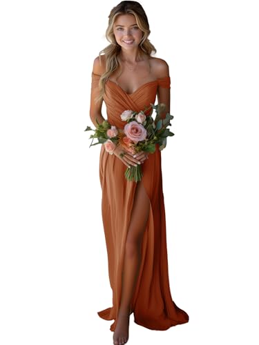 JAEDEN Off Shoulder Brautjungfernkleider Chiffon Lang Abendkleider mit Schlitz A-Linie Gebranntes Orange 38 JAEDEN Off Shoulder Brautjungfernkleider Chiffon Lang Abendkleider mit Schlitz A-Linie Gebranntes Orange 38 von JAEDEN
