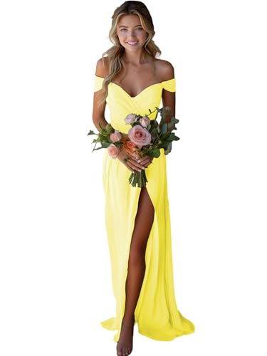 JAEDEN Off Shoulder Brautjungfernkleider Chiffon Lang Abendkleider mit Schlitz A-Linie Gelb 36 von JAEDEN
